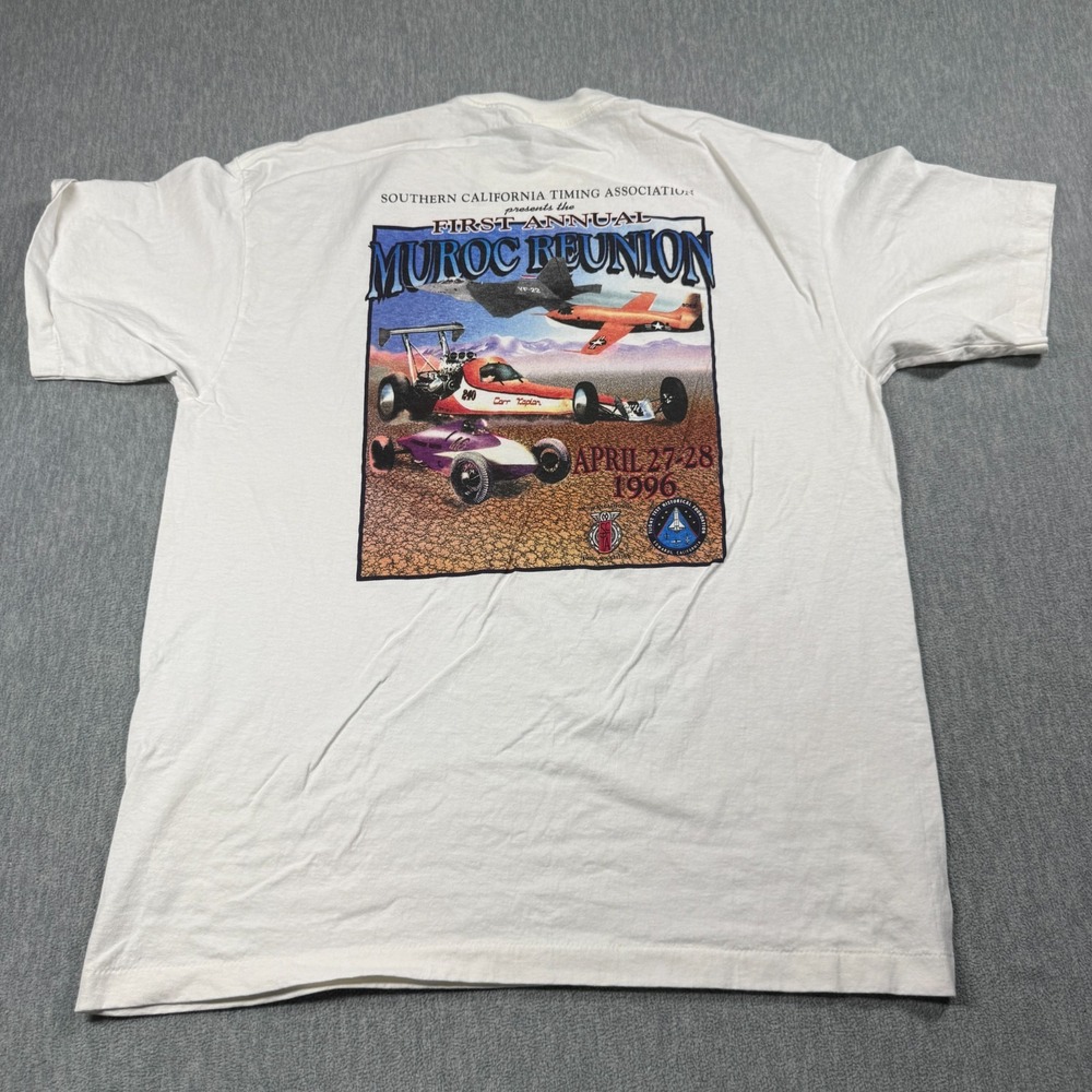 Tee Jays T-Shirt Mens XL White Vintage 90s SCTA Muroc Reunion Drag Racing Tee